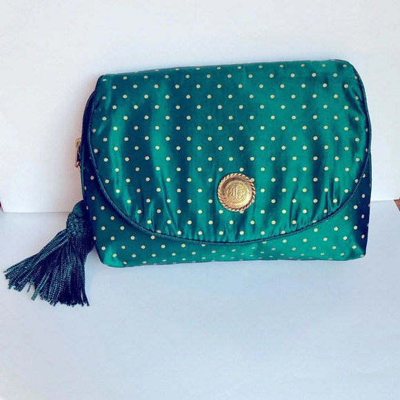 Vintage Dior Makeup Bag Clutch Green Polka Dots - Picture 1 of 10